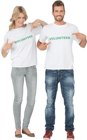 Transparent Smiling Couple Wearing Volunteer T-Shirts Celebrating