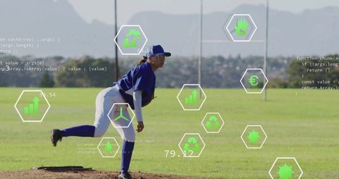 Female baseball pitcher in action with digital data overlays