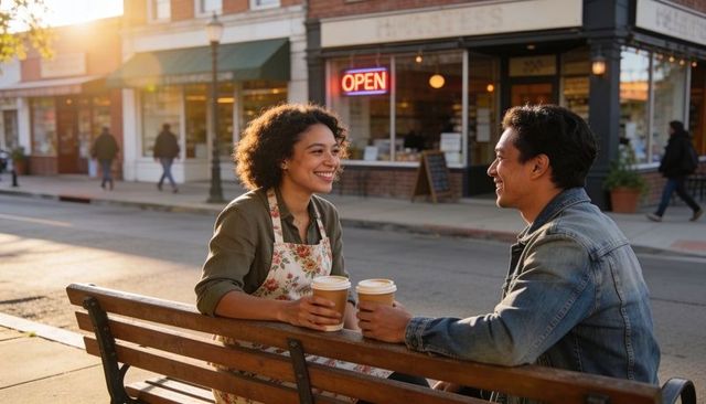 Barista and customer sharing takeaway coffee on main street bench at golden hour