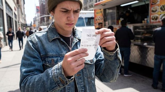 Teen examining receipt at taco truck on city sidewalk wearing denim jacket and green beanie