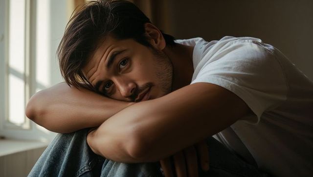 Contemplative young man resting by window, gazing thoughtfully in warm sunlight