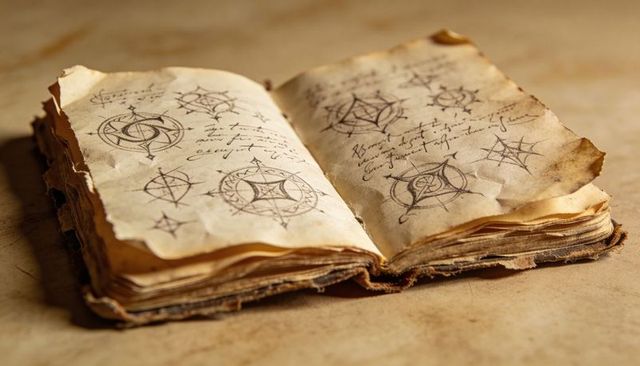 Worn antique journal resting open showing ink compass sketches on aged parchment pages