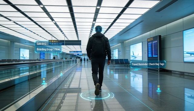 Traveler walking through futuristic airport terminal showing ar navigation overlays