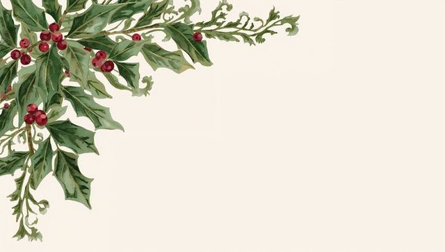 Watercolor Holly Corner Featuring Red Berries and Evergreen Leaves on Cream Background