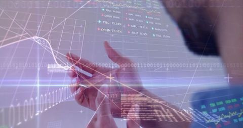 Hands interacting with financial holographic interface showing charts and stock tickers