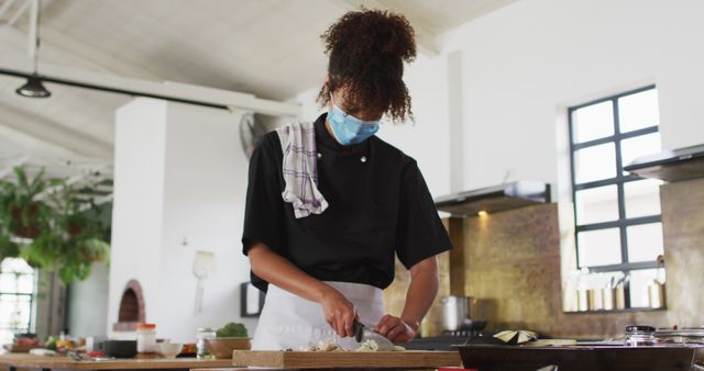 Female Chef Wearing Mask Preparing Ingredients in Modern Kitchen - Download Free Stock Images Pikwizard.com