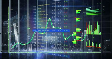Digital financial data analysis over modern cityscape