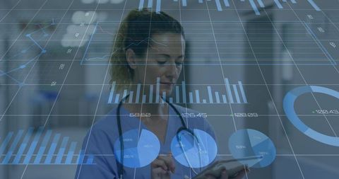 Clinician Reviewing Patient Data on Tablet with Augmented Reality Analytics in Hospital