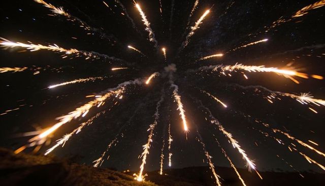 Radial Firework Burst Lighting Starry Night Sky with Ground Flares and Smoke Trails Nightscape