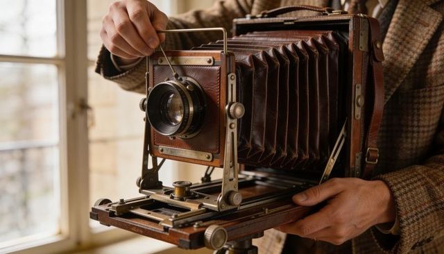 Adjusting vintage wooden bellows large format camera by photographer in tweed jacket