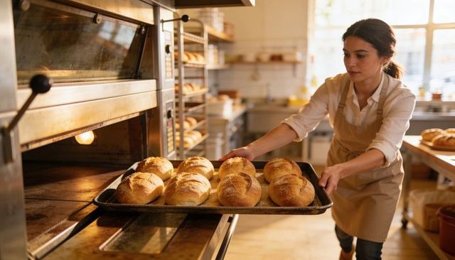 Baker Sliding Tray of Fresh Artisan Loaves into Deck Oven in Sunlit Rustic Bakery