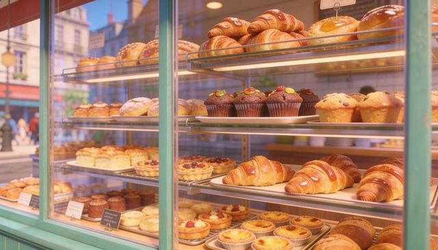 Sunlit french-style bakery display showcasing croissants, tarts, muffins in glass case
