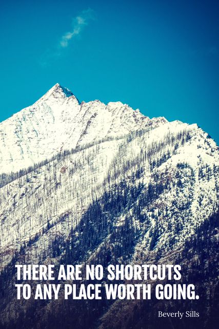 Image features a prominent snowy mountain peak under a clear blue sky with an inspirational quote about the rewarding journey to high aspirations, credited to Beverly Sills. Perfect for motivational posters, travel blogs, personal growth articles, and social media posts aimed at encouraging perseverance and determination.