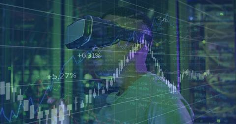 Futuristic virtual reality experience with financial analytics overlay