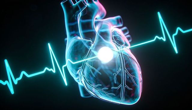 Holographic 3d anatomical heart with glowing coronary vessels and cyan ecg waveform