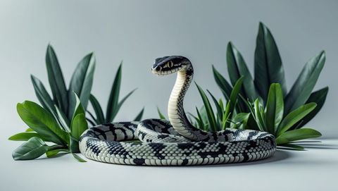 Snake in monochrome pattern amidst lush leafy plants