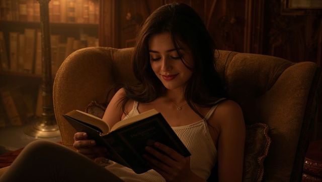 Young woman reading vintage hardcover in cozy antique library armchair, warm ambient light