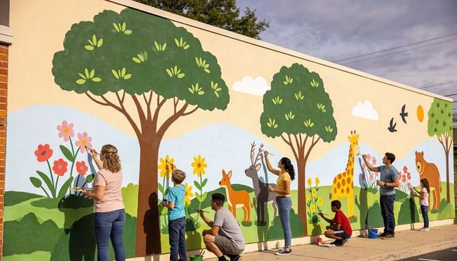 Community volunteers painting colorful forest and animal mural on urban wall