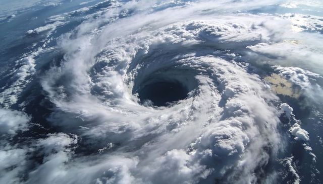 Eye of massive hurricane spiraling over ocean with dramatic eyewall and sunlit cloud bands