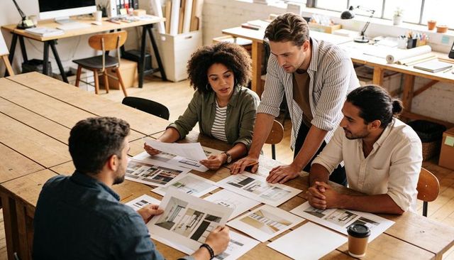 Creative team collaborating over design mockups and layouts in bright modern studio workspace