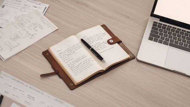 Open leather journal lying on wooden desk beside laptop, pen and sketches for creative work