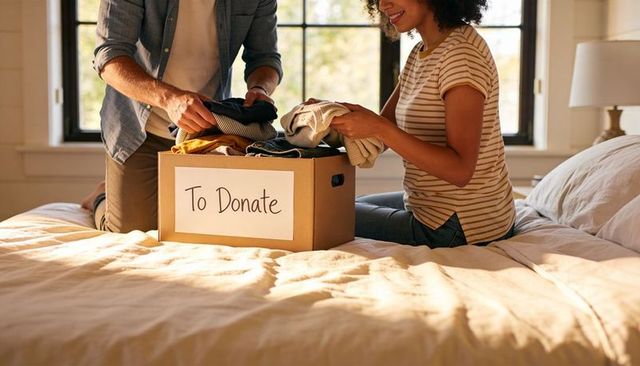 Couple sorting clothes for donation on sunlit bed in cozy bedroom for charity drive