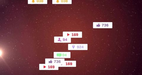 Floating social media notification badges over red starfield for digital marketing