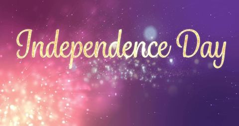 Glittering gold script independence day on purple pink bokeh background for celebration