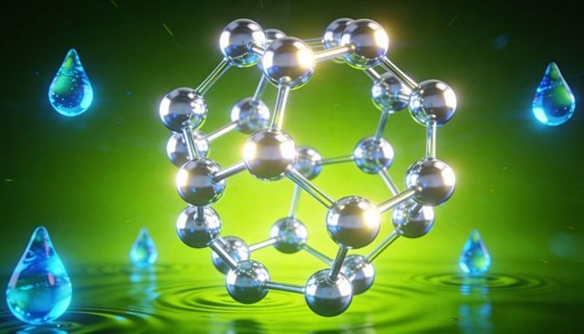 Floating chrome molecule cage reflecting above green pool, blue droplets creating ripples