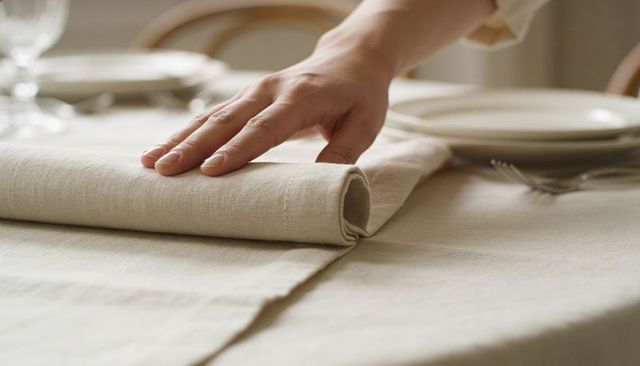 Hand adjusting linen napkin on neutral tablecloth closeup for elegant table styling