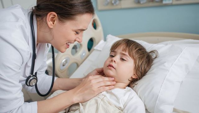 Pediatrician providing compassionate bedside exam to child in hospital bed checking throat