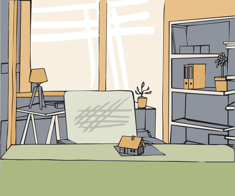 Transparent workspace with house model on minimalist office desk