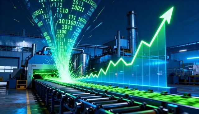 Smart factory data surge: conveyor feeding binary hologram funnel and rising growth chart