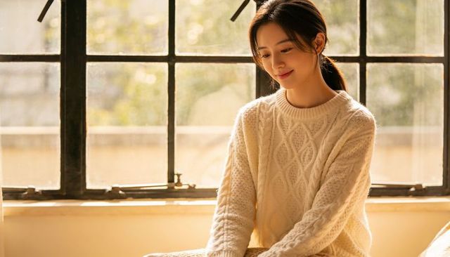 Woman sitting on window seat wearing cream cable knit sweater gazing down in soft daylight