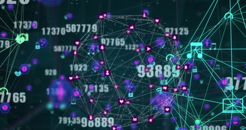 Digital Network Interface with Connected Icons and Numbers