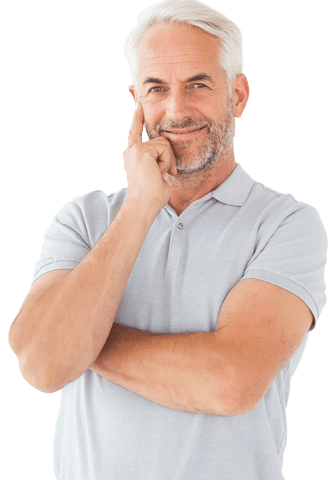 Smiling senior caucasian man thinking hand on face transparent background