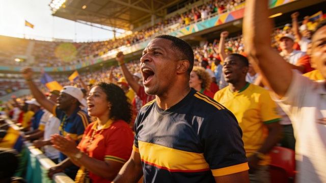 Stadium fans cheering and shouting in packed arena at golden hour waving flags
