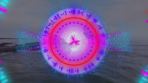 Futuristic Neon Circle and Data Graphics with Ocean Background