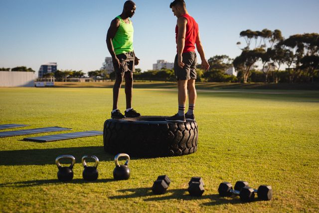 Two fit men are standing on a large tire, engaging in an outdoor workout at a sports field. Various fitness equipment like kettlebells and dumbbells are placed on the grass. This image is ideal for promoting fitness programs, outdoor training sessions, and healthy lifestyle campaigns.