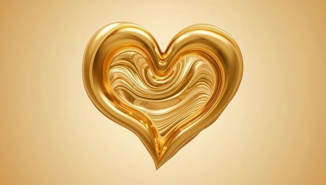 Floating glossy gold heart with marbled metallic swirl on soft gradient background