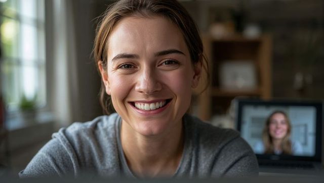 Smiling young woman sitting at desk during video call in cozy home office with warm light