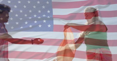 Diverse Friends Recycling on Beach with USA Flag Overlay