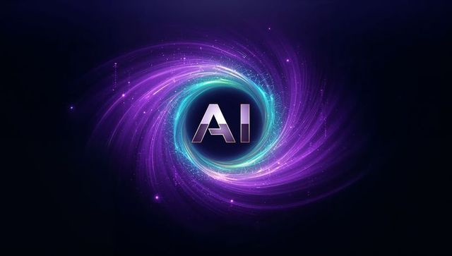 Glowing ai emblem revolving inside neon vortex with futuristic digital energy burst