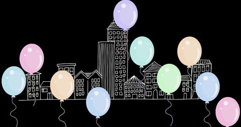 Colorful Balloons Floating Above Hand-Drawn Cityscape