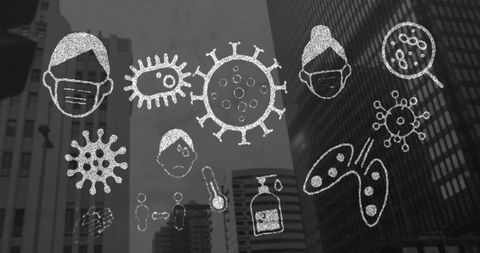 Covid-19 Icons Overlaid on Urban Cityscape - Download Free Stock Images Pikwizard.com