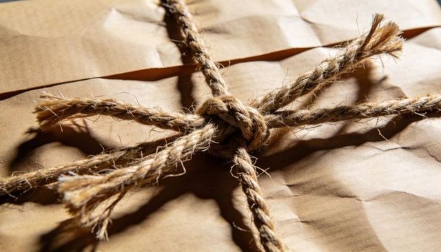 Rustic kraft-wrapped parcel tied with knotted jute twine, textured creases and shadows