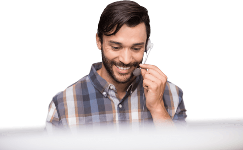 Smiling young male professional in headset providing support transparent