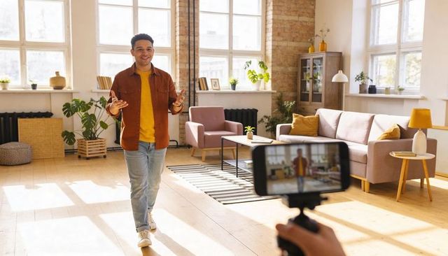 Content creator presenting in sunlit loft living room recording on smartphone tripod