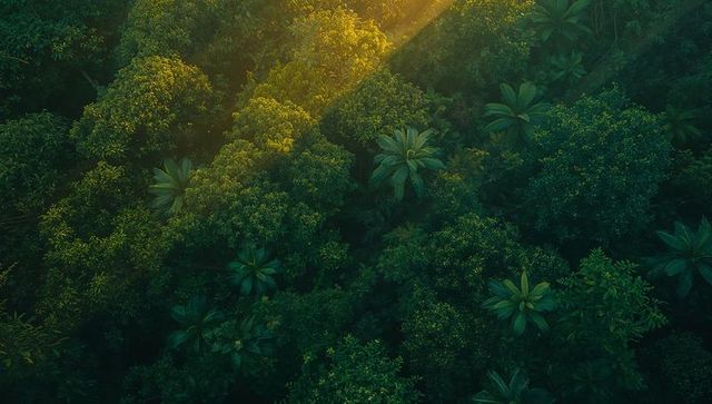 Lush tropical jungle canopy with sunlight beam