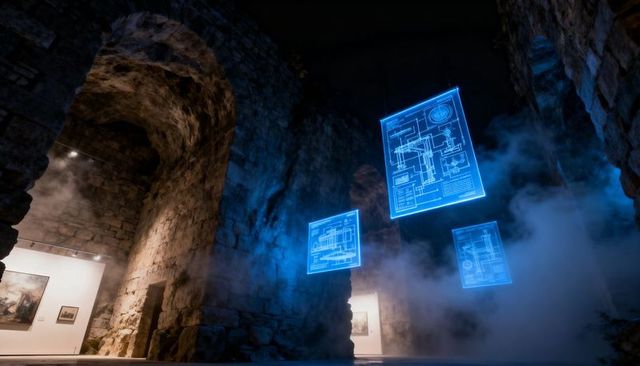 Floating blue holographic blueprints illuminating ancient stone gallery with neon fog